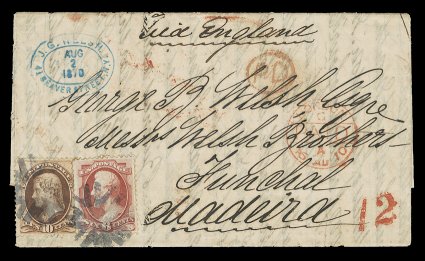 148, 6c Carmine, along with 10c Brown (150), fine singles of each, tied to boldly addressed 1870 folded letter to Funchal, Madeira Islands by two neat strikes of circle of Vs
NYFM cancels, blue double oval business senders cachet at