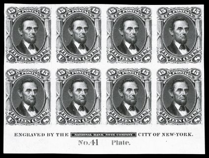 77P3, 15c Black, plate proof on India, an exceptionally handsome and rare full imprint and plate No. 41 block of eight, the first we have seen of this value, wonderfully bright
and fresh, large even margins all around, extremely fine a perfec