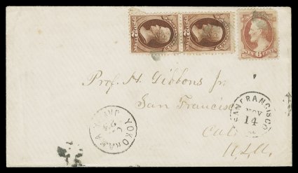 159, 6c Dull pink, used in combination with 2c Brown (157), a single of the former (rounded corner) and a vertical pair of the latter, tied to extremely scarce cover from
Yokohama, Japan to San Francisco, light cork cancels, quite clear Yo