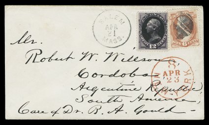 159, 6c Dull pink, used in combination with 12 Blackish violet (162), nicely centered singles of each used on neat clean cover to Cordoba, Argentina with central strikes of
cork postmarks, matching clear Salem, Mass.Apr 21 (1874) c.d.s.