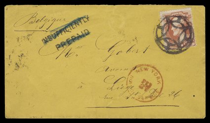 159, 6c Dull rose, just fine centering, tied to orange buff colored 1875 cover to Liege, Belgium by a superb strike of a fancy geometric NYFM cancel, red New YorkFeb 27Direct
Service c.d.s., two-line InsufficientlyPrepaid handstam