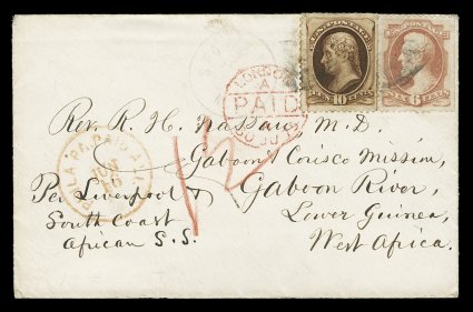 159, 6c Dull pink, used in combination with 10c Brown (161), each with natural s.e., both tied to 1875 cover to Gabon River, West Africa by indistinct cancels, Stockton, N.J.
originating c.d.s. to left of stamps, with manuscript endorsement