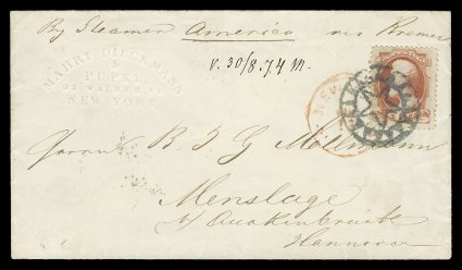 159, 6c Dull pink, fine single tied to 1874 cover from New York City to Menslage, Germany by a gorgeous complete strike of a fancy geometric star in circle NYFM cancel, stamp
also tied by red New YorkAug 13 c.d.s., cover with colorles