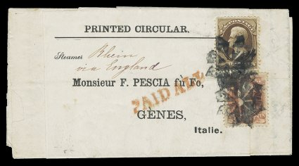 159, 6c Dull pink, used in combination with 2c Brown (157), both tied to unusual New York City Printed Circular wrapper surrounding original contents to Genes, Italy by two
bold strikes of fancy starburst NYFM cancels, carried on th