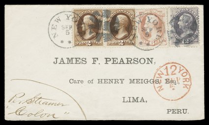 159, 6c Dull pink, used in combination with 2c Brown (157 horizontal pair) and 12c Dull violet 1870 issue (151), all tied to an absolutely immaculate 1874 cover from New York
City to Lima, Peru by two superb strikes of NYFM New York