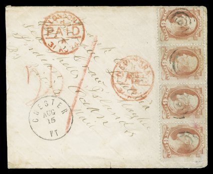 159, 6c Dull rose, horizontal strip of four, used on a 1874 cover to the Seychelles Islands (addressed as Sea Shells IslandsIndian Ocean), stamp with light central strikes of
target cancels, Chester, Vt.Aug 15 originating c.d.s. at bot