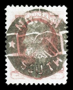 186, 6c Pink, a most impressive used example, postmarked with a striking central (and upright) fancy North-South hand shake cancellation, excellent centering and fresh color,
very fine a choice example of one of the most famous and elabor