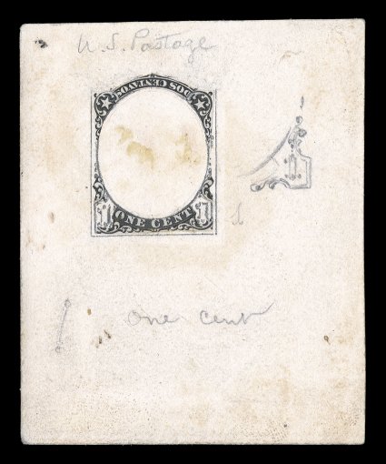 206-E1b, 1c Black, frame essay for unadopted design on India, affixed to card measuring 57x71 mm, being a cutout of the frame with Dos Centavos along top label (inverted), and
with One Cent pasted onto label at bottom, U.S. Postage at top,