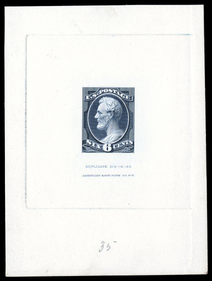 208TC1, 6c Indigo, large die trial color proof, die sunk on card measuring 76x103, showing full die sinkage, with Duplicate Die - C - 60American Bank Note Co. N.Y. imprint
below, extremely fine incredibly handsome as well as quite scarce.