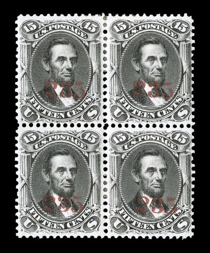 77SJ, 15c Black, overprinted with control number 235 in carmine, block of four, incredibly fresh and crisp, well centered, prooflike color and impression, o.g., a couple of
minor h.r.s, very fine an enormously rare specimen block of four, wi