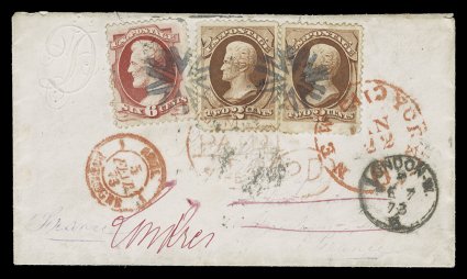 148, 159, Specialized group of 6c Lincoln Bank Note New York Foreign Mail covers, a visually attractive and scarce group of 14 covers, 1870-76, all franked with at least one 6c
Bank Note issue of 1870 or 1873, typically most are in combination w