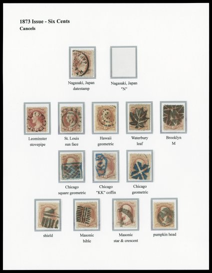 159, 186, 208, 208a, 6c Lincoln Bank Note cancellation collection, a wonderful assemblage of 116 used singles (plus two pairs and a block of four), the majority being the 1873
6c Dull rose Continental printings, but also several examples of the