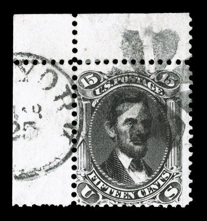 77, 15c Black, a striking top left corner sheet-margin used example, especially intense color and impression on bright white paper, bold fancy New York rosette fancy duplex
cancel, very fine overall any of the 1861 higher values are seldom enco