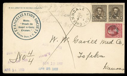 222, 4c Dark brown, postal history collection, the mounted exhibit collection of 23 covers, both domestic and foreign usages, all selected for being a bit out of the ordinary
either for its usage, franking, cancellation or destination, interesti