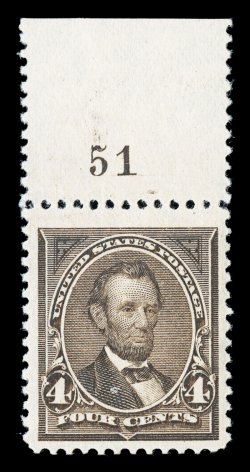 254, 4c Dark brown, impressive jumbo-margined top sheet-margin plate no. 51 single, possessing margins of exceptional size and being wonderfully well centered within them, deep
luxuriant color, o.g., n.h., extremely fine 1994 PF certificate.