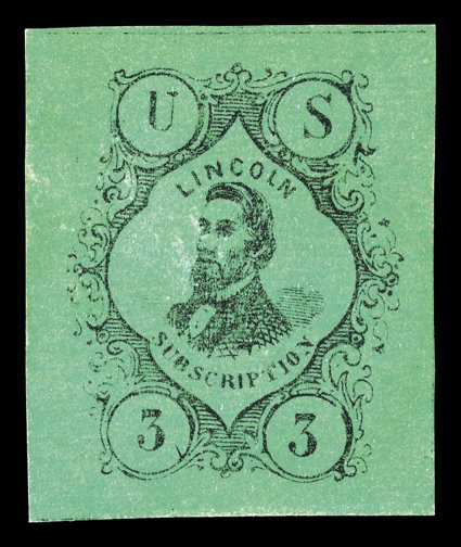 1864 Lincoln Subscription labels, the complete set of six different values and colors as listed in the Springer catalog, comprising 2c Black on red orange, 3c Black on green, 4c
Black on pink, 5c Blue on white, 10c Black on yellow and 12c Black o