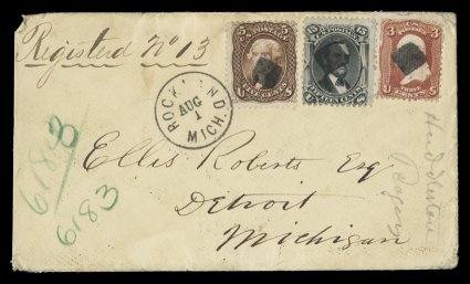 77, 15c Black, along with 3c Rose (65) and 5c Brown (76), all used on a registered cover to Detroit, each stamp with matching central solid rectangle cancels, originating
Rockland, Mic.Aug 1 c.d.s. also ties 5c stamp, light soling and tiny