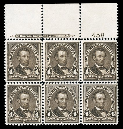 269, 4c Dark brown, full top margin imprint and plate no. 458 block of six, incredibly fresh and crisp, gorgeous intense color and impression, well centered, pristine o.g.,
n.h., very fine and exceedingly choice an especially scarce and desirab