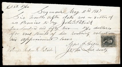 77, 15c Black, off center single, used as a revenue stamp on a May 2, 1867 $250.00 promissory note from Seymour, N.Y., paying the triple 5c inland exchange revenue rate for a
note between $200.00 and $300.00, the Lincoln postage stamp was ap