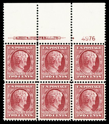 367, 2c Lincoln, highly select full top margin imprint, small solid star and plate no, 4976 block of six, brilliantly fresh and intact, radiant color and impression on bright
paper, outstanding centering, pristine o.g., n.h., very fine and excee