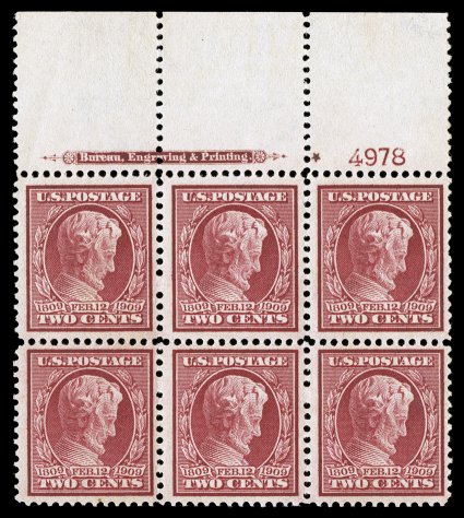 369, 2c Lincoln on bluish paper, a premium quality full top margin imprint, small solid star and plate no. 4978 block of six, exceptionally well centered and margined
throughout, deep luxuriant color, strong and intact perforations, o.g., lightl
