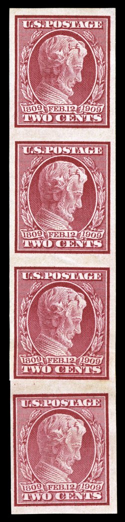 368V, 2c Lincoln imperforate coil, vertical format, very scarce paste-up strip of four, with paste up occurring between third and fourth stamps, well margined, deep rich color,
o.g., l.h., top stamp with small thin spot in corner not mentioned o