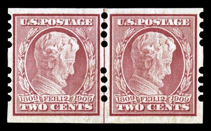 368, 2c Lincoln imperforate, Farwell 4B4 perforations, 2mm spacing, a very rare mint line pair, being the first such line pair of this we have ever seen, in fact this is
unlisted as such in Scott, well centered and margined, rich color, o.g., bi