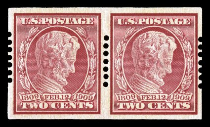 368, 2c Lincoln imperforate, Schermack Ty. Ia perforations (seven holes), pristine mint pair with 2mm spacing, lovely rich color, exceptionally well centered, o.g., n.h., mild
bend in right stamp, still very fine and quite choice for this rarity