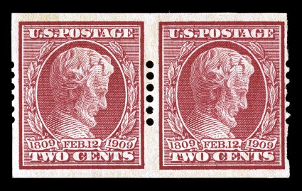 368, 2c Lincoln imperforate, Schermack Ty. Ib perforations (six holes), an exceptionally fresh mint pair of a coil which rarely makes an appearance on the auction block, 2mm
spacing, strong rich color, nicely centered, o.g., l.h., very fine e