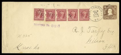 368, 2c Lincoln imperforate, Schermack Ty. III perforations, a horizontal strip of four with mixed 2mm and 3mm spacing, along with a single 2c Lincoln (367) tied to legal size
4c stamped envelope (U391) by Procttorsville, Vt.26 Apr 1909 dup
