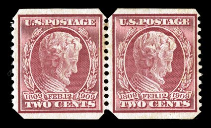 368, 2c Lincoln imperforate, U.S. Automatic Vending so-called Experimental Ty. IIIx private perforations, this pair is among the very few known pairs of this private coil
forerunner, being quite well centered, o.g., each stamp with natural vert