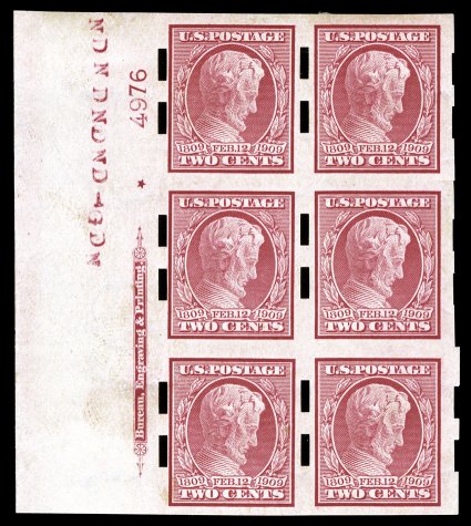 368, 2c Lincoln imperforate, Schermack Ty. III perforations, a remarkable full left sheet-margin imprint, star and plate no. 4976 block of six, the only such plate block we
have ever encountered with Schermack Ty. III perforations, wonderful