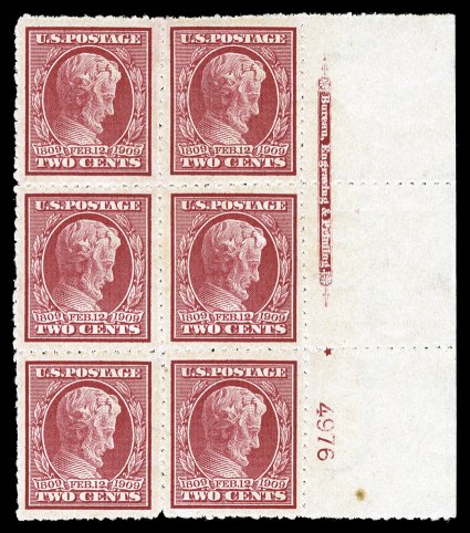368, 2c Lincoln imperforate, Chicago roulettes, a most unusual full right sheet-margin imprint, star and plate no. 4976 block of six that has been rouletted by Chester Myers,
wonderfully fresh, well centered, o.g., central h.r., very fine excee