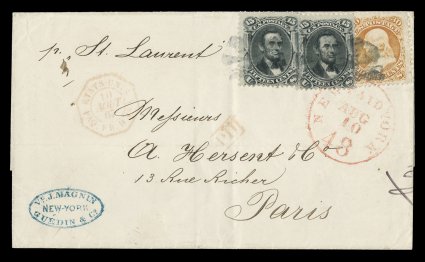 77, 15c Black, along with 30c Orange (71), two especially handsome 1867 covers, both addressed to Paris, France, one showing a quadruple rate franking, while the other being an
impressive quintuple rate franking, the former with two 15c Bla