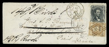 77, 15c Black, fine single used on small 1868 cover (with original contents) to Paris, France, then forwarded within Paris, light strike of purple PhiladelphiaPaid 12May 1
exchange office datestamp, octagonal French entry handstamp, forw