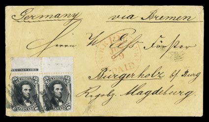 77, 15c Black, a striking top sheet-margin partial imprint horizontal pair, with deep luxuriant color and a crisp impression, tied to 1866 canary colored cover to Madeburg,
Germany by three-bar cork cancel, red N. York12U.S. Pkt.PaidJun