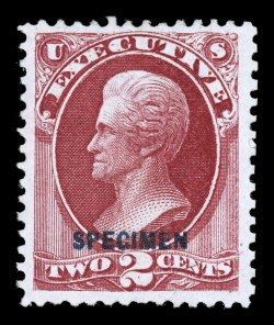 O11SD var., 2c Executive special printing, with foreign entry of 6c Agriculture, overprinted SPECIMEN, a very rare example of this most unusual variety found only on position
40 of the sheet, without gum as issued, deep luxuriant color, nicely