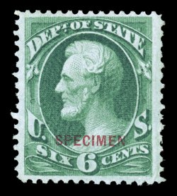 O60SD var., 6c State special printing, with double transfer, overprinted SPECIMEN, an extremely rare example of this unusual variety, this being the first such example we have
seen with a SPECIMEN overprint, rich color, attractively cent