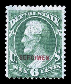 O60SDa, 6c State special printing, overprinted SEPCIMEN error, without gum as issued, deep luxuriant color, minor inclusion speck not seen on face, fine an immensely rare stamp
as only three SEPCIMEN errors are known on this value 1954