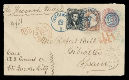 77, 15c Black, along with 3c Rose (65), tied together to 3c Pink stamped envelope (U59) to Gibralter by two strikes of bold blue Cincinnati, O.Aug 22 (1867) c.d.s. and duplex
target cancels, manuscript Per French Mail and Care U.S. C