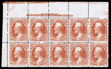 O18, 6c Interior, an exceptionally handsome full top left corner sheet-margin block of ten, showing full Continental Bank Note Co. New York imprint, brilliant color and
impression on fresh paper, well centered, o.g., h.r.s, although two cente