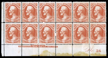 O18, 6c Interior, full bottom margin imprint and plate No. 56 block of twelve, vivid color, fairly well centered for such a large multiple, slightly glazed o.g., some h.r.s
primarily in the bottom sheet selvage reinforcing separated vertical