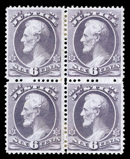 O28, 6c Justice, crisp mint block of four, strong color, attractively centered, o.g., h.r., fine-very fine a scarce and eye-appealing multiple.