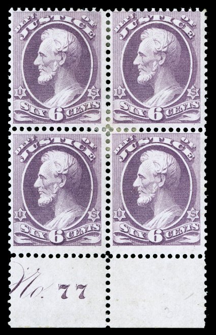 O28, 6c Justice, full bottom margin plate No. 77 block of four, fresh rich color, o.g., h.r., very fine the only recorded plate number block of the 6c Justice
ex-Lockyear.