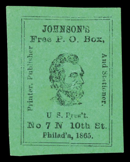 1865 Johnsons Box labels, complete set of six labels with types I, II and III in green and red-orange (the type II green is unlisted by Springer), couple of small flaws, a fine
and rare complete set of these unusual labels according to the Sp