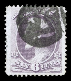 O28, 6c Justice, used, with outstanding nearly complete strike of a fancy negative mask cancellation, well centered amid unusually large margins, trivial flaws to the stamp, a
very fine and desirable fancy cancellation, not often seen on any