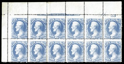 O38, 6c Navy, impressive top left corner sheet-margin imprint and plate No.53 block of twelve, with positions 2 and 6 with the vertical line through N of Navy variety, bright
color, unusually extra-wide margins at top of top stamps which 