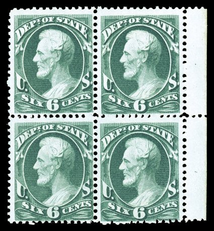 O60, 6c State, exceptionally fresh and scarce mint left sheet-margin block of four, prooflike color and impression, unblemished o.g., n.h., fine cataloged simply as four n.h.
singles.