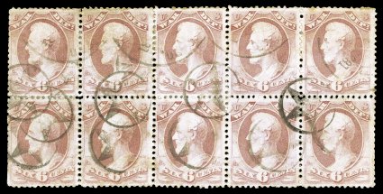 O117, 6c War on soft porous paper, a striking used block of ten (5x2), cancelled by circular town postmarks and matching fancy star in circle cancels, well centered, right
perfs. slightly blunted and some minor usage creasing not unexpected, some