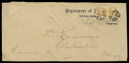O4, 6c Agriculture, horizontal pair (small crease at top left), bright color, tied to legal size Dept. of Agriculture obsolete chief clerk free frank imprinted envelope by two
bold strikes of quartered cork postmarks, with matching Washington,